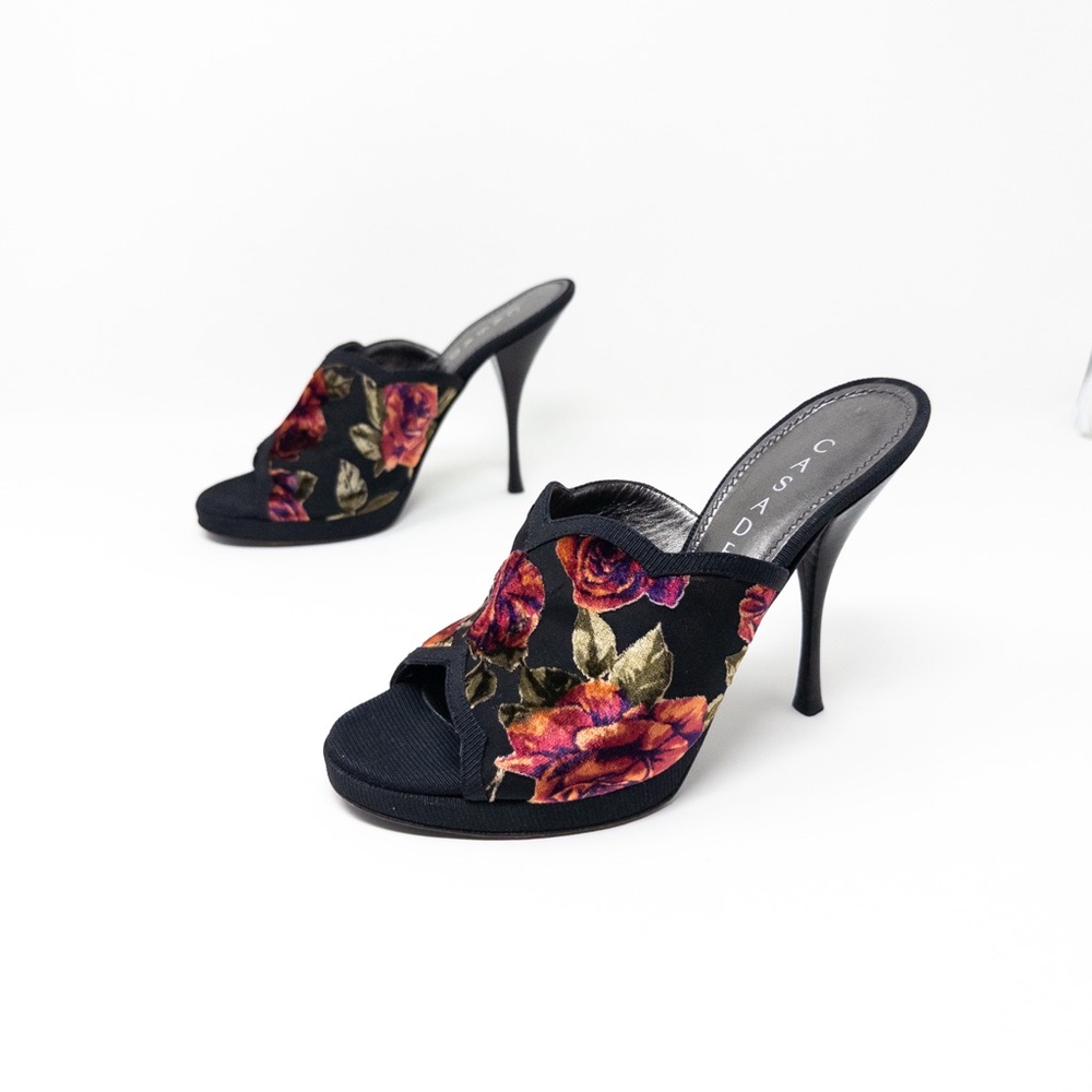 Casadei Vintage Y2K 90s Devoré Burnout Velvet Mules (Sz 7) Rose Floral High Heel